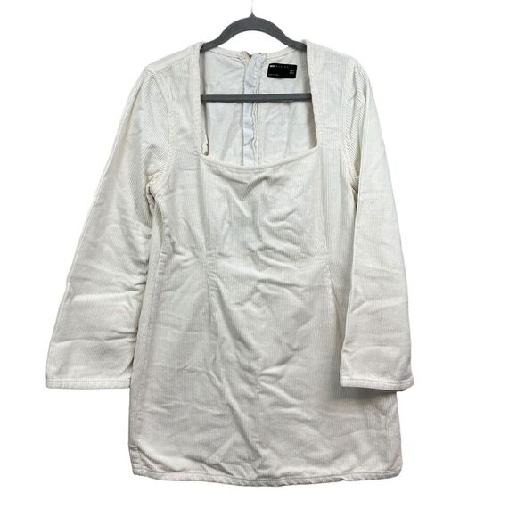 ASOS Design Womens‎ Corduroy Sheath Dress Square Neck Long Slit Sleeves Cream 12 - Picture 1 of 5